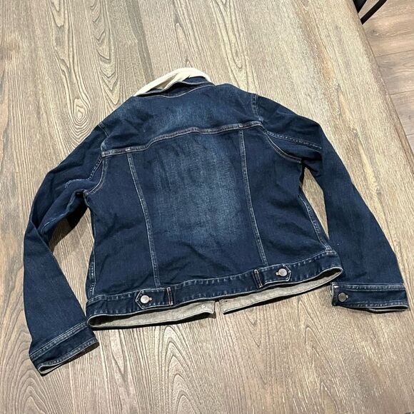 J.Jill Denim Jacket Button Down Stretch Fleece Faux Fur Collar Blue Size Medium - Picture 2 of 4